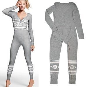 VS PINK Thermal Onesie Pajama M Grey Fair Isle Drop Seat 2016 Limited Rare
